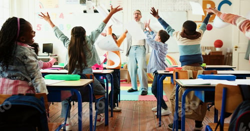 Preview: Paper, celebration and education with teacher and kids in classroom for quiz pass
