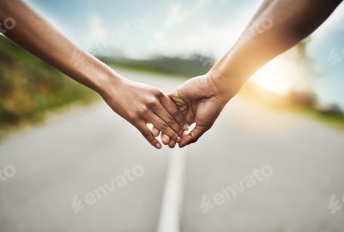 Preview: Outdoor, couple and holding hands on road together, sunshine and adventure for healthy relationship