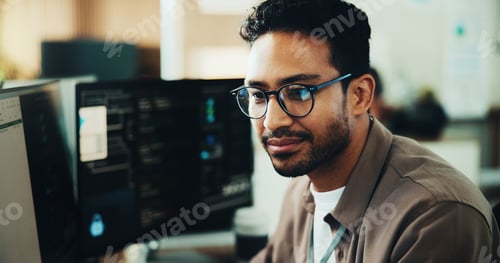 Preview: Computer, smile and programmer with business man in office for web developer, code or database