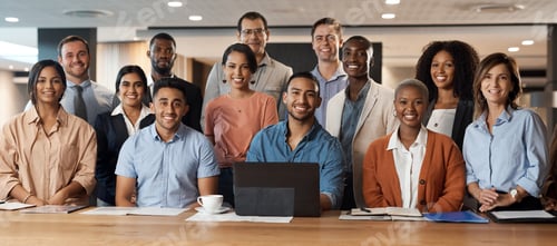 Preview: Laptop, portrait and teamwork with business people in office together for about us