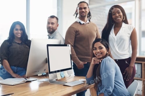 Preview: People, smile and portrait with computer at startup for meeting, collaboration