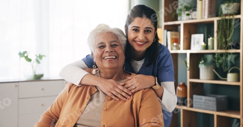 Preview: Portrait, nurse and old woman with hug in nursing home, senior care or trust for retirement