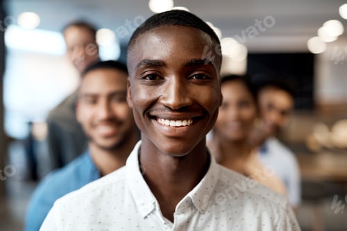 Preview: Happy, business people and portrait of man with team for leadership, pride and about us