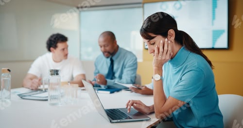 Preview: Woman, review and laptop in meeting at office with typing, report or insight for notes at finance