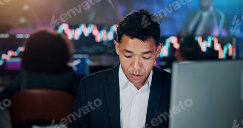 Preview: Businessman, broker and night with computer for stock market research or online trading in office