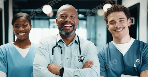 Preview: Happy, crossed arms and portrait of doctors and nurses in hospital with confidence for medical