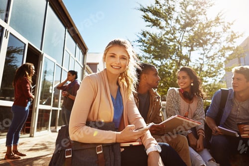 Preview: College students, girl and happy with phone on campus for learning break, exam portal and research