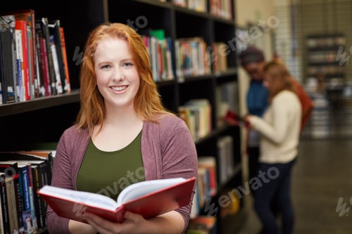 Preview: College, library and portrait of woman with book for learning, education