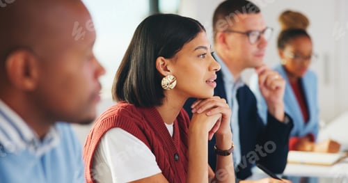 Preview: Meeting, listening or business woman in office, corporate training or learning in insurance agency