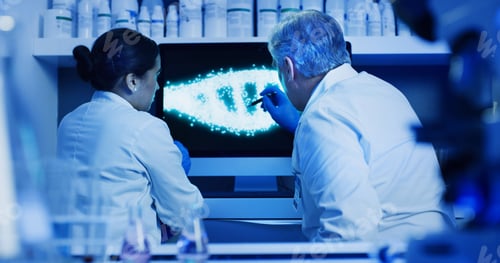 Preview: DNA, scientists and team with monitor in lab, pointing and molecular research for innovation on web