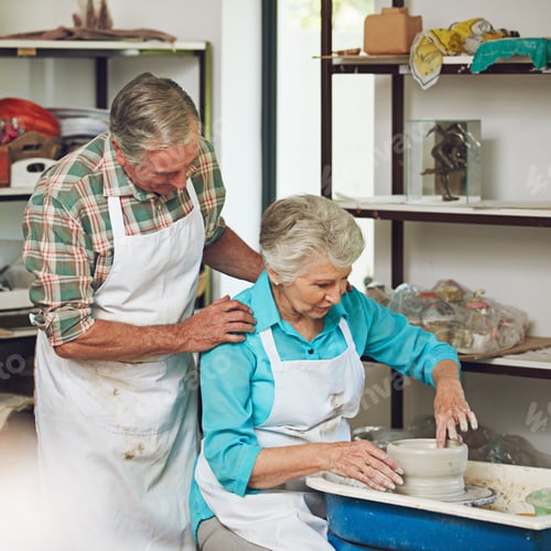 Preview: Pottery, support and old couple with clay, workshop and bonding with creative hobby