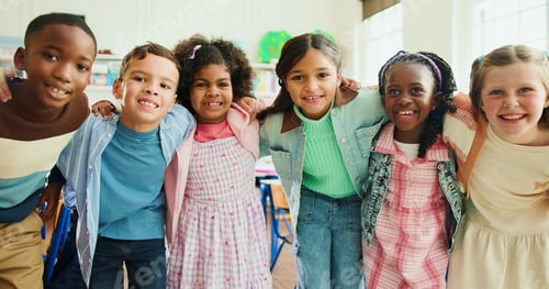Preview: Education, portrait and students or friends in classroom together for learning