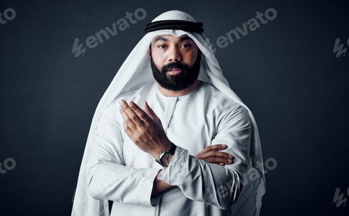 Preview: Arab businessman, portrait and studio with speech for proposal or deal on a dark background