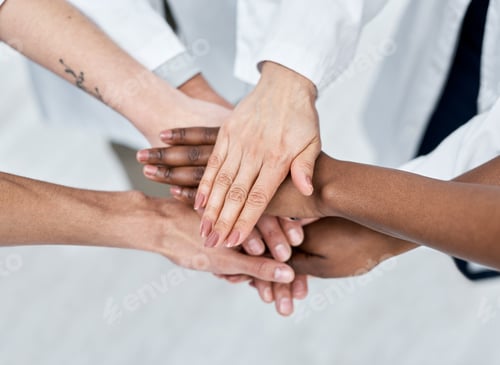 Preview: Doctor, huddle and hands together with above for unity, collaboration or mission at hospital
