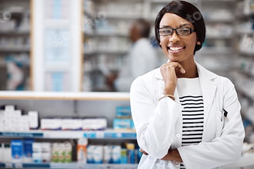 Preview: Smile, pharmacy and portrait of black woman at dispensary with confidence for healthcare career