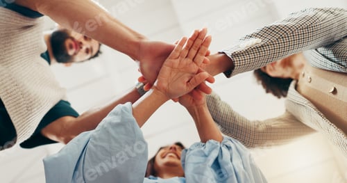 Preview: Hands, stack and team at office with low angle, support or synergy with goals in circle at startup