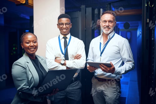 Preview: Tech, portrait and engineer team in server room for about us, programming and security service