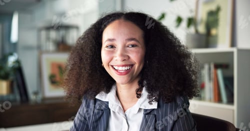 Preview: Woman, portrait and happy in office at startup with pride, confidence and career at media company