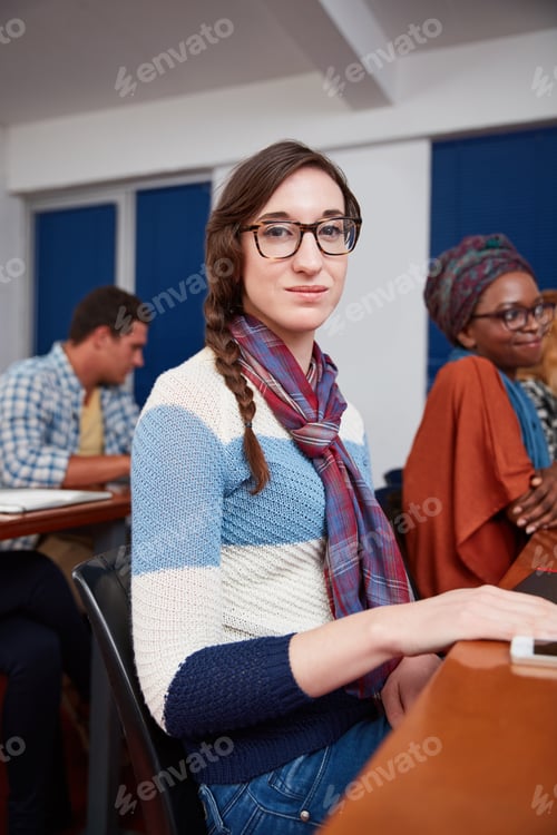 Preview: Portrait, college and woman in class with glasses, future or learning for academic success