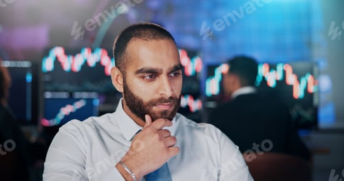 Preview: Businessman, thinking and trader in office with planning, investment and stock market