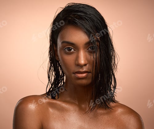 Preview: Hair, portrait and wet with woman in studio for cleaning, hydration or hygiene routine