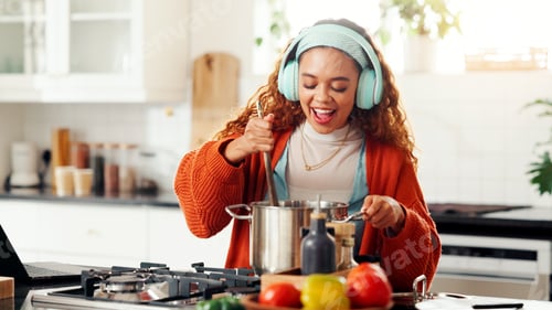 Preview: Headphones, cooking or happy woman with pot in kitchen, culinary audio guide or meal preparation
