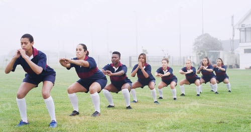 Preview: Teamwork, rugby and squat with women on field for competition practice, training start