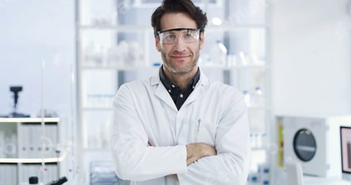 Preview: Arms crossed, portrait and science with man in laboratory for research, gene therapy and about us