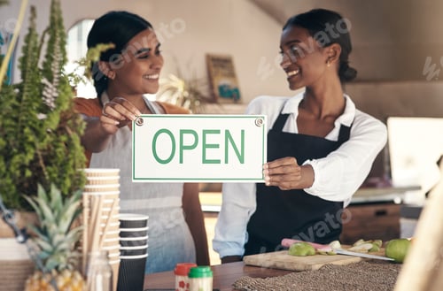 Preview: Hospitality, smile or women in food truck with open sign, notice or welcome to smoothie business