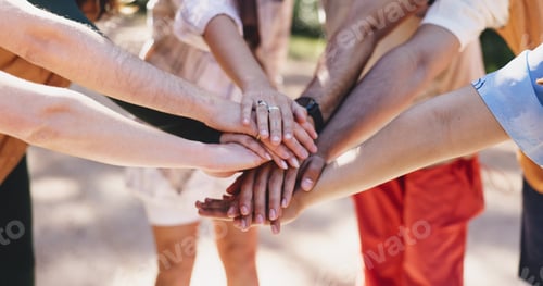 Preview: Outdoor, friends and hands stack for hiking, teamwork or motivation for trekking adventure together