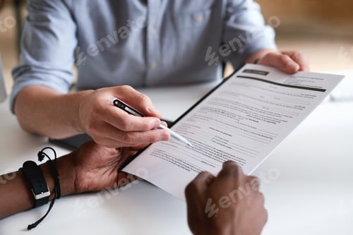 Preview: Hands, contract and consultation with real estate agent in office, purchase agreement