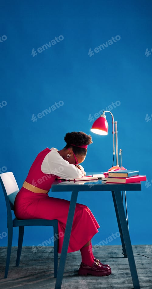 Preview: Sleep, student and black woman at desk with burnout, tired or education pressure in college