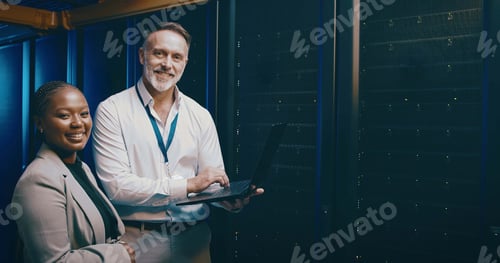 Preview: Portrait, tablet and people in server room, cyber security and teamwork with system solution