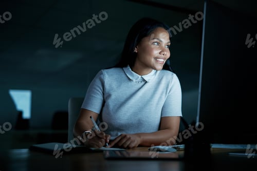 Preview: Night, business and woman with computer, writing notes and reading report with review for news