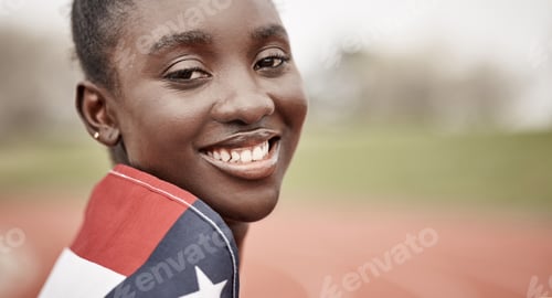 Preview: Portrait, confidence or black woman with usa flag on race track, professional athlete