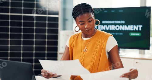 Preview: African woman, reading and document in office for results, energy saving stats and sustainable