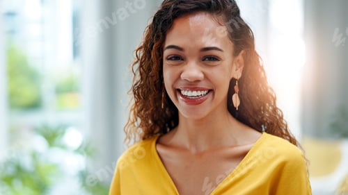 Preview: Happy, woman and student with portrait at house for peace, calm morning and spring break