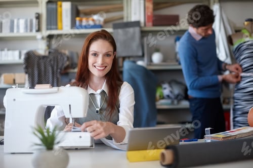 Preview: Woman, portrait and designer with smile, clothing manufacturing and sewing machine