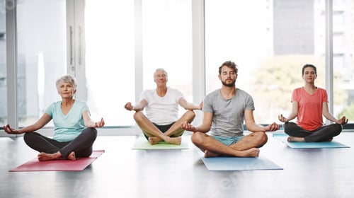 Preview: Group, people and meditation for yoga in class for spiritual healing, holistic balance and zen