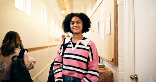 Preview: Smile, education and portrait of girl in high school hallway for learning