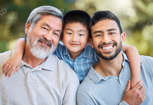 Preview: Love, generations or Asian family outdoor with portrait, bonding together or hug in childcare