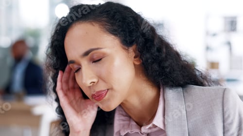 Preview: Business, headache and woman in workplace, pain and pressure for stock market crash