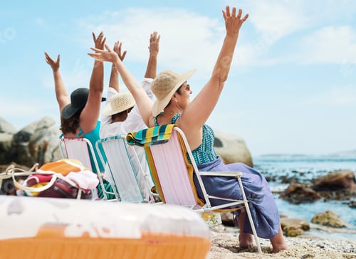 Preview: Freedom, travel and relax with old women at beach for summer vacation, retirement and trip