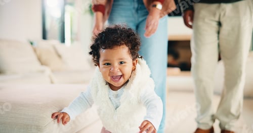Preview: Parents, walking or baby with portrait in home, child development or excited for motor skills