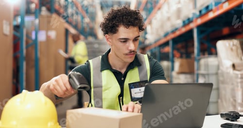 Preview: Logistics, scanner and man with laptop in warehouse, ecommerce and stock quality assurance