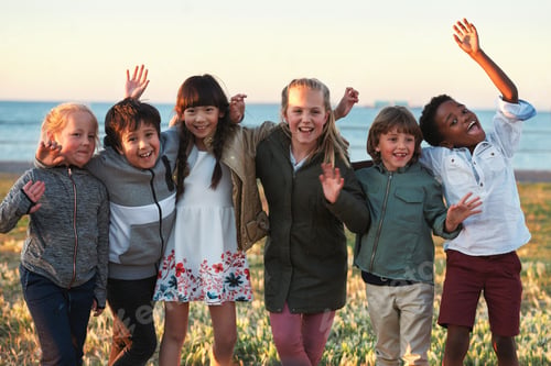 Preview: Portrait, kids and excited by beach with friends, bonding together and hug outdoor for school