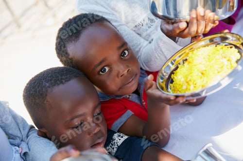 Preview: Black child, boy and community with food for welfare outreach, donation service or act of charity