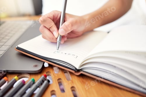 Preview: Laptop, hands and writing in notebook in home for goal setting, self improvement and ambition