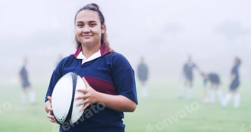 Preview: Rugby, happy and portrait of woman on field for training, game challenge and sports tournament