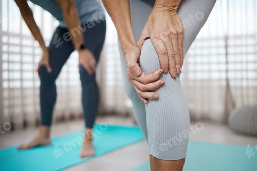 Preview: Yoga, hands and mature woman with knee pain for injury, fitness mistake and accident